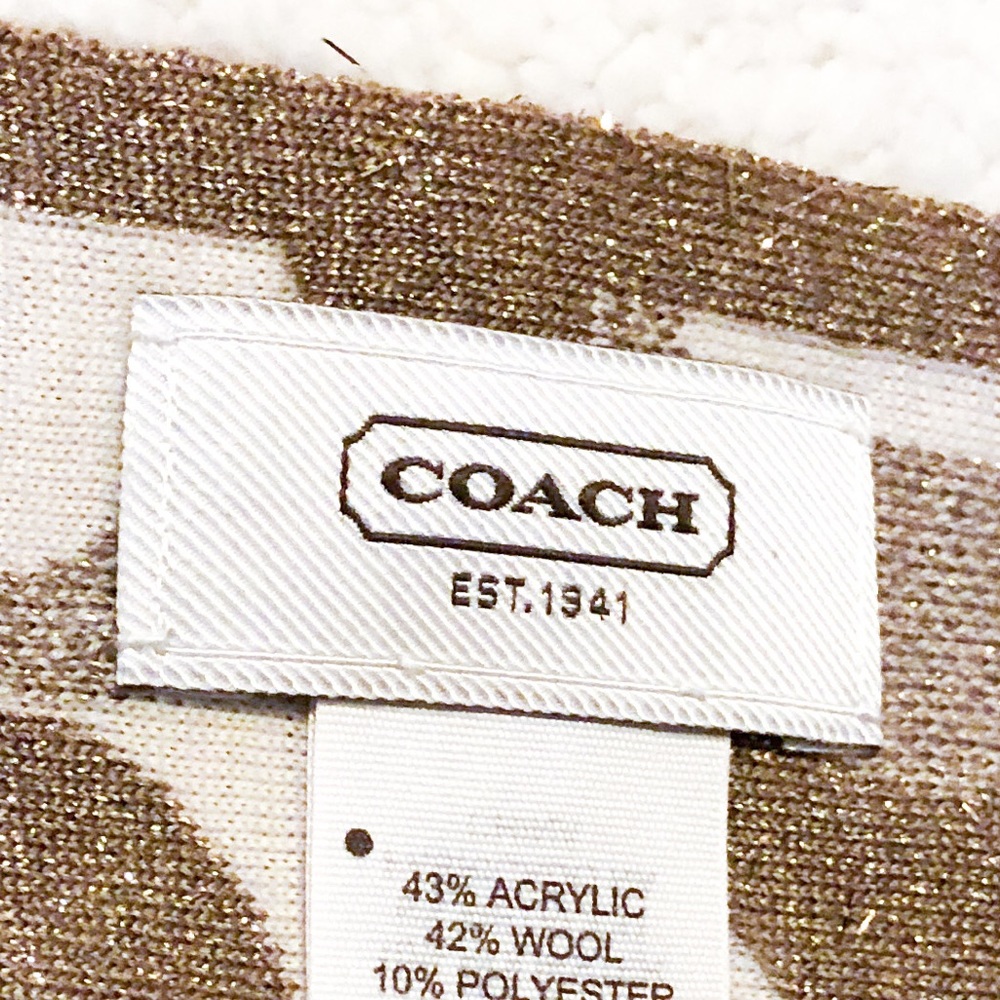 Coach Designer Monogram Gold Ivory Glitter Scarf - Picture 4 of 6